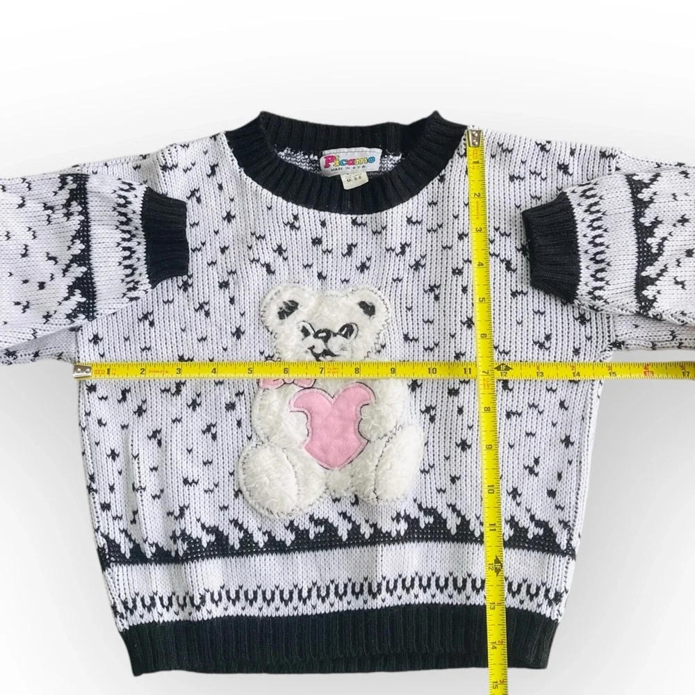 Vintage Picamo White Black Knit 3D Teddy Bear Heart Sweater Girls 5/6 80s Retro